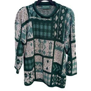 Dana Scott Vintage Fall Collection Rolled Neck Patchwork Knit Sweater Green M‎